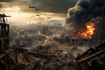 Obraz premium Destroyed city smoke fire sky.