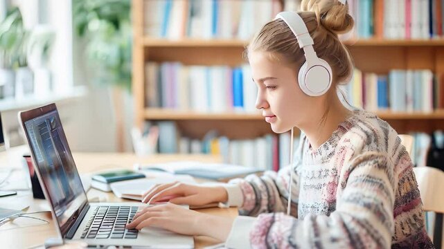 A focused student engages in online education, wearing headphones while working on a laptop in a well-lit room with bookshelves in the background.