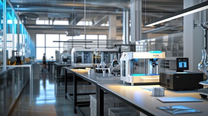 corporate innovation lab with prototypes, 3D printers, and collaborative project areas