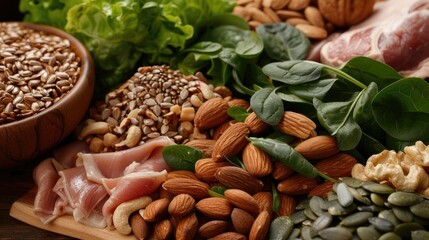 Obraz premium Ingredients for a keto-friendly diet: nuts, seeds, lean meats, and leafy greens, in a close-up shot.