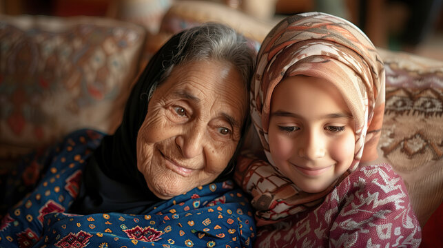 Happy grandmother and child with copy space