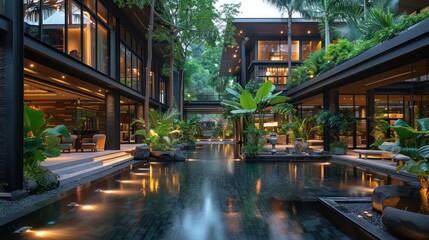 Obraz premium Modern Villa with a Pool and Lush Greenery