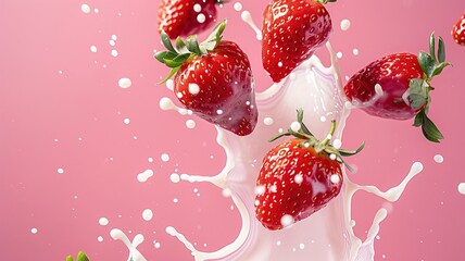 juicy fresh strawberries on the background of milk splashes