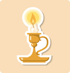 Candle burning brightly on golden candlestick in dark room