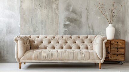 Tufted beige velvet sofa and wooden cabinet against concrete wall. Scandinavian home interior design of modern living room.