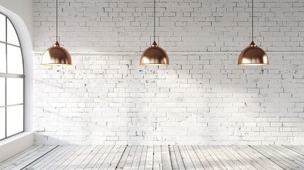 room with copper metal lamps over white brick wall 3d rendering