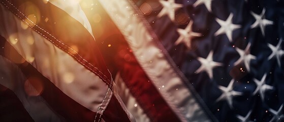 Close Up Of An American Flag Waving In The Wind With Lens Flare
