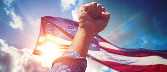 a hand with a clenched fist, the concept of "Happy Independence Day", American flags
