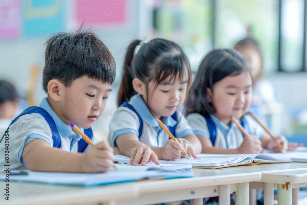 Poster a group of primary school students is diligently focused on studying in the classroom, demonstrating