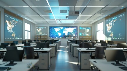 corporate language training center with interactive digital blackboards, language labs, and cultural immersion zones