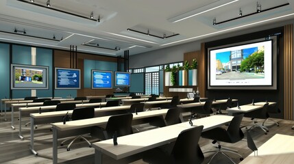 corporate language training center with interactive digital blackboards, language labs, and cultural immersion zones