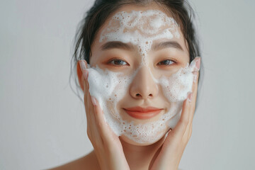 A young Asian woman gently washing her face with foam cleanser, skincare and self-care. The close-up shot captures her serene expression and smooth complexion against a clean, white background.	