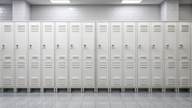 Neatly arranged rows of white school lockers with contrasting chrome handles against a bright, clean, institutional wall background.
