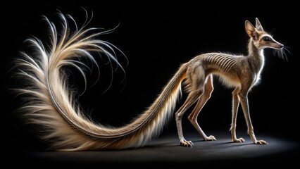 Fototapeta premium A mesmerizing, mysterious creature with a remarkably long, slender tail stretching five meters, gazing directly at the viewer on a dark background.