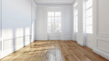 Fototapeta premium An empty room featuring white walls and wood floors, showcasing a simple and minimalistic interior design. The white walls contrast with the warm tones of the wooden floors