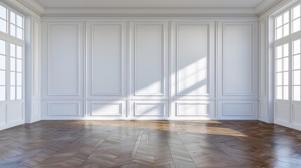 Obraz premium Modern classic white empty interior with white wall panels and wooden floor