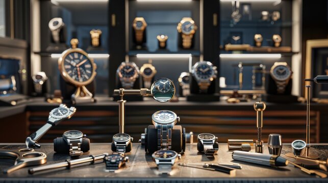 corporate luxury watch assembly studio with precision tools, magnifying glasses, and a collection of fine watches on display