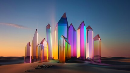 Fototapeta premium A surreal desert landscape where veins of iridescent crystals stretch across the sky