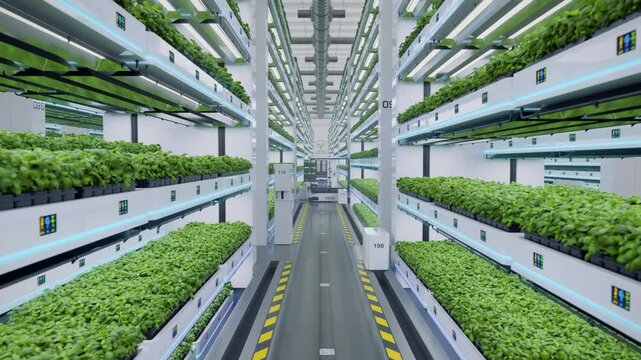 Autonomous farm robots transporting organic grown herbs in automated vertical greenhouse. Vertical smart farming concept. Future sustainable agriculture technology. 3d animation rendering