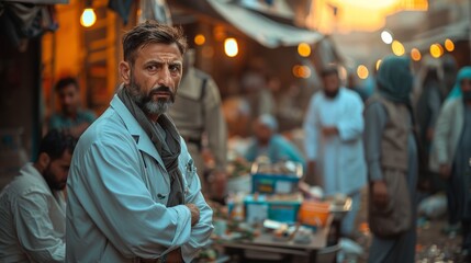 Obraz premium Dedicated Humanitarian Worker in Bustling Refugees Camp