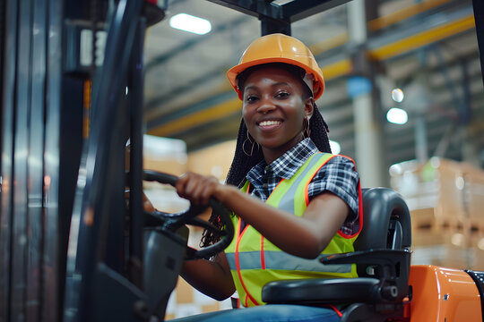 A woman in a yellow vest and a hard hat is driving a forklift