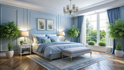 Soft blue and white hues envelop a serene bedroom, adorned with elegant furnishings and lush greenery, exuding peaceful tranquility.