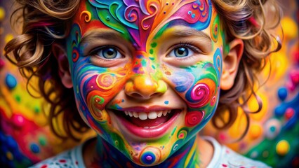 Obraz premium Vibrant colors and swirling patterns adorn a child's face, a celebratory and imaginative transformation, frozen in a joyful expressionless moment.