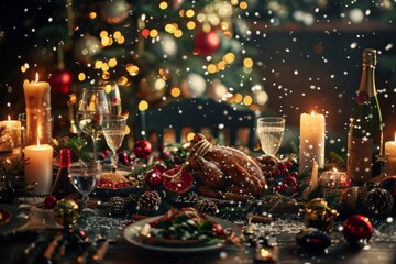 Elegantly set Christmas dinner table with sparkling lights and festive decorations, creating a warm ambiance.