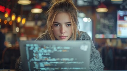 Focused Young Woman Programming on Laptop in Cafe, Remote Work and Technology Concept