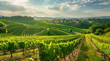 Fototapeta premium Picturesque vineyard with hillside village
