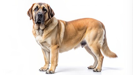 Majestic Spanish Mastiff dog with thick coat and gentle eyes stands proudly on a clean white background, exuding regal sophistication.