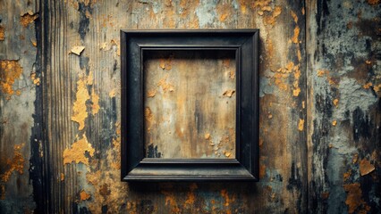 Distressed vintage black frame mockup against worn, rough-textured wall backdrop with cracked paint and subtle wooden grain details.