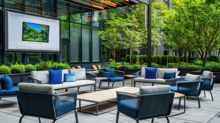 corporate outdoor meeting space with smart furniture that adjusts to weather conditions and interactive touch screens