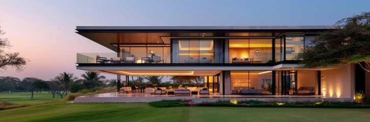 Fototapeta premium Modern house with large glass windows overlooking the golf course