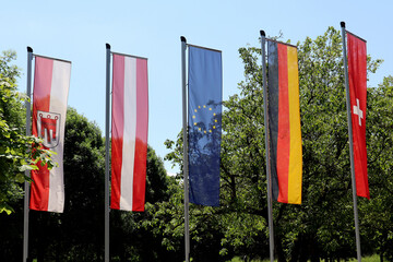 Flags at the harbor in Bregenz, Austria, Lake Constance