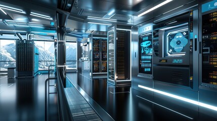 corporate quantum computing lab with supercooled processors, secure data centers, and a viewing area for demonstrations