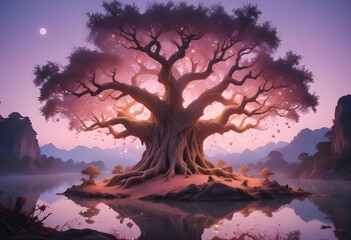 A large tree on an island surrounded by a lake, emitting a soft pink light on the leaves against a pastel purple-pink background.