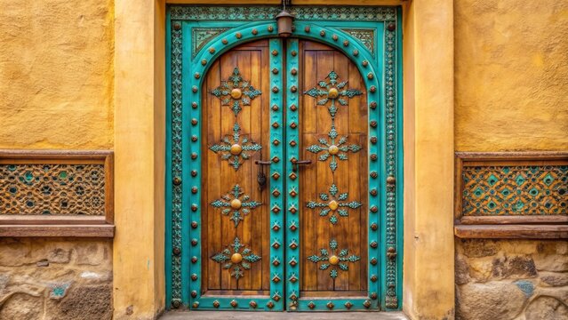 Intricately carved ornate wooden door with brass hardware and vibrant turquoise accents set against a warm beige stucco wall background.
