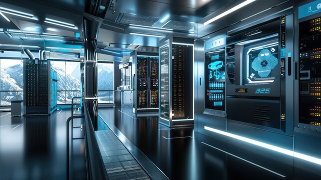corporate quantum computing lab with supercooled processors, secure data centers, and a viewing area for demonstrations