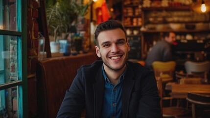 Fototapeta premium Elegantly dressed man smiling in cafe setting