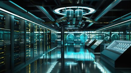 corporate quantum computing lab with supercooled processors, secure data centers, and a viewing area for demonstrations