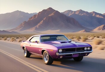 A purple old car driving along a quiet, empty road through mountains and barren meadows with minimal vegetation