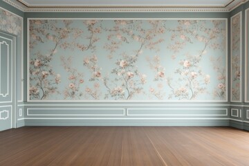 Vintage floral pattern wallpaper wall living room and woden floor in the modern victorian styles architecture blackboard building.