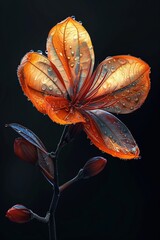 Stunning Close-Up of a Vibrant Orange Flower with Dew Drops on Petals Against a Dark Background