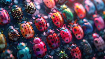 Fototapeta premium Vibrant Close-Up of Colorful Ladybugs with Diverse Patterns and Textures in a Macro Photography Setting