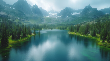 Fototapeta premium Aerial Views of Rocky Mountains and Lakes in Canada, Picturesque Cinematic Landscapes, Wide-Angle Shots with Natural Cinematic Lighting, Hyper-Realistic Depictions During Golden Hour