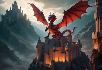 Enormous dragon guarding a massive castle or fortress on a hill