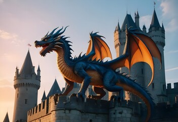 Enormous dragon guarding a massive castle or fortress on a hill