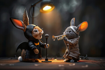 Merry rabbit in a bat costume singing with a small microphone while a mouse in a mummy wrap plays a tiny trumpet under a spotlight on a dark background