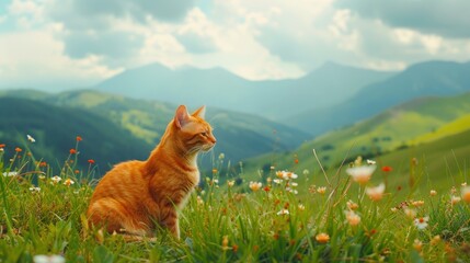 Red Cat Relaxing in Scenic Alpine Meadows